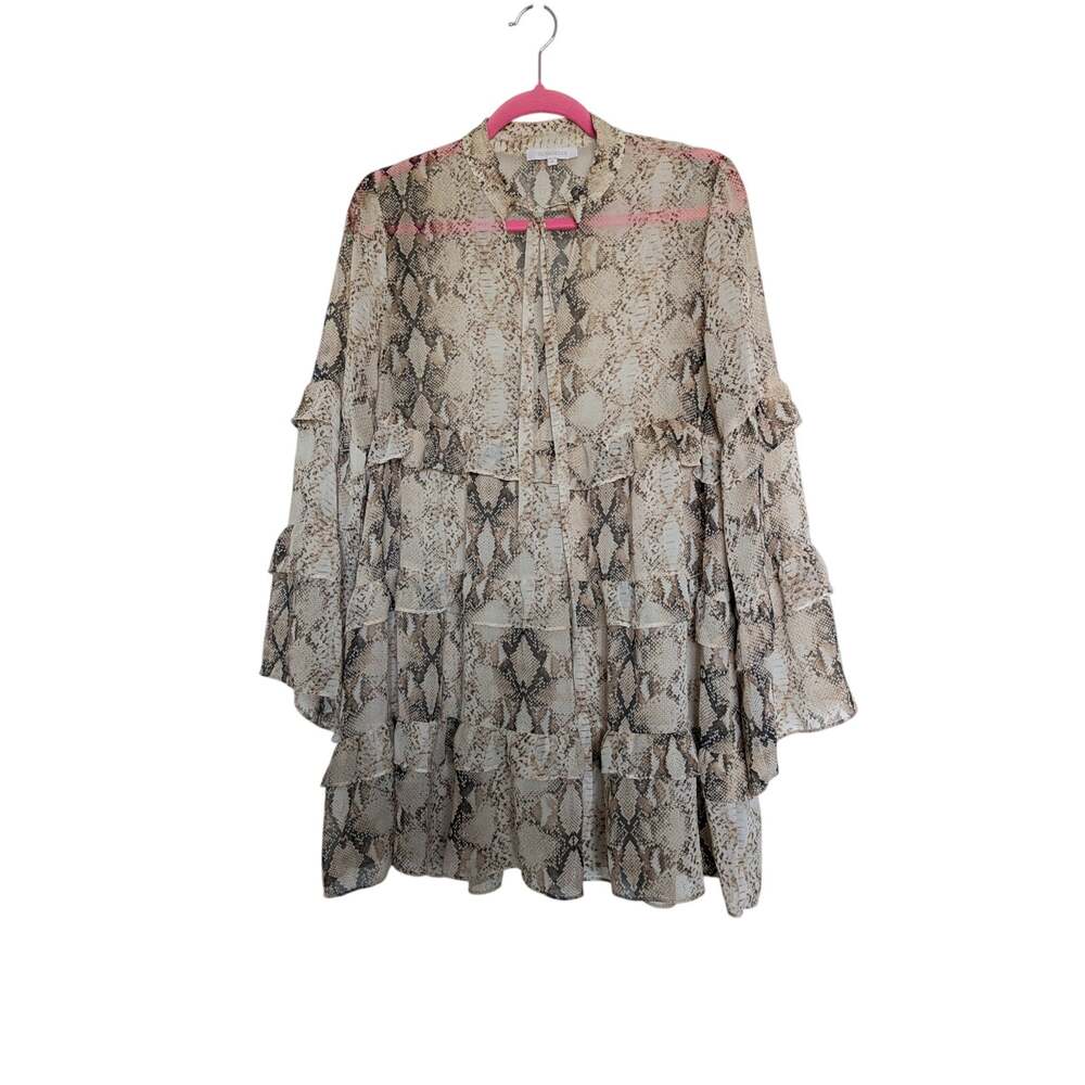 Olivaceous Tie Neck Snake Print Dress Womens M Flare Ruffle Sleeve Wedding Guest